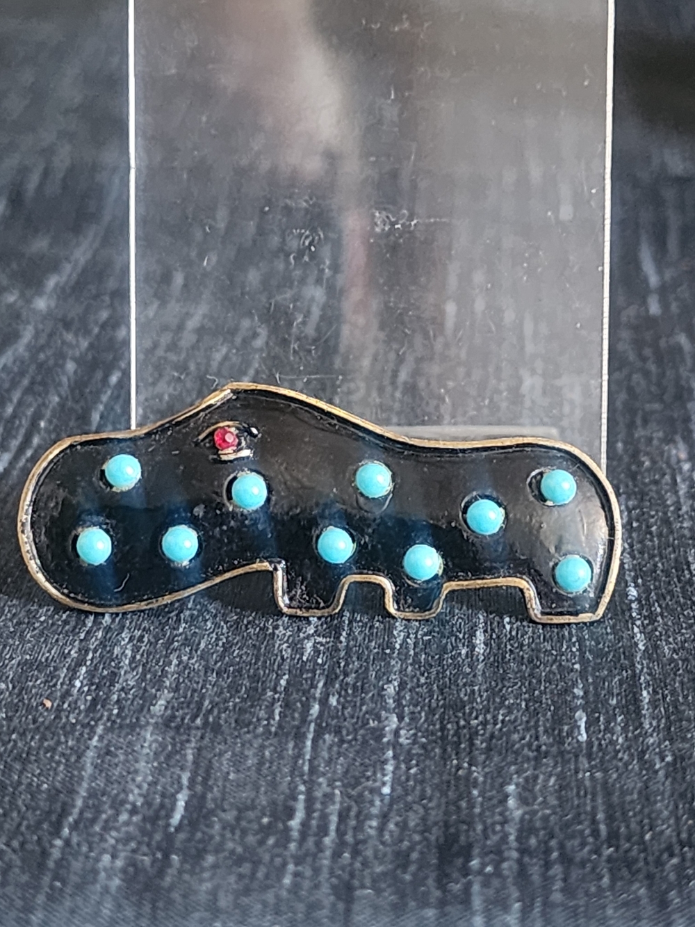 Vintage Black Enamel Hippo Brooch with Turquoise Beads & Red Eye